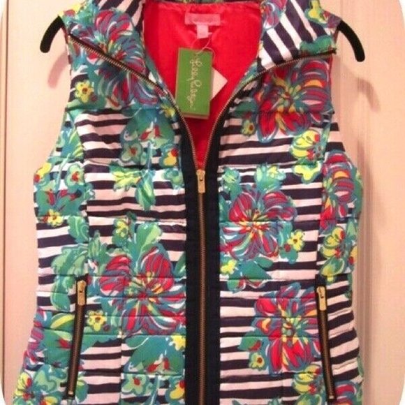 218.00 NWT LILLY PULITZER SYD REVERSIBLE DOWN VEST PARADISIO FLORAL STRIPE - Picture 2 of 6